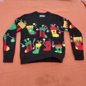 Lubot Woman’s UGLY Christmas Sweater W Stockings Size Small Black Green Red